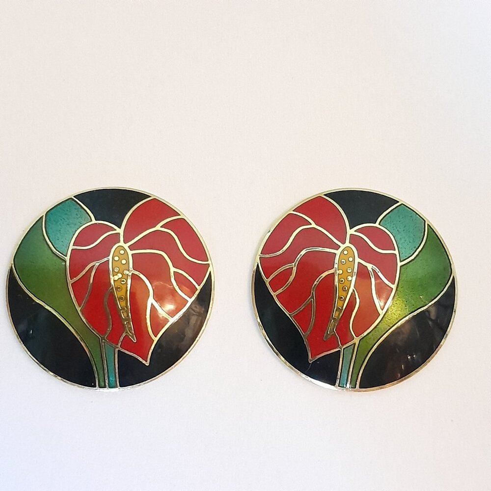 Vintage Laurel Burch Anthurium Earrings Cloisonné Red Floral Green Leaves Black